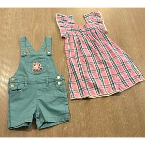 Toddler Girls Size 4-5 Clothing Lot Plaid Dress Blue Shortalls Unicorn Outfit